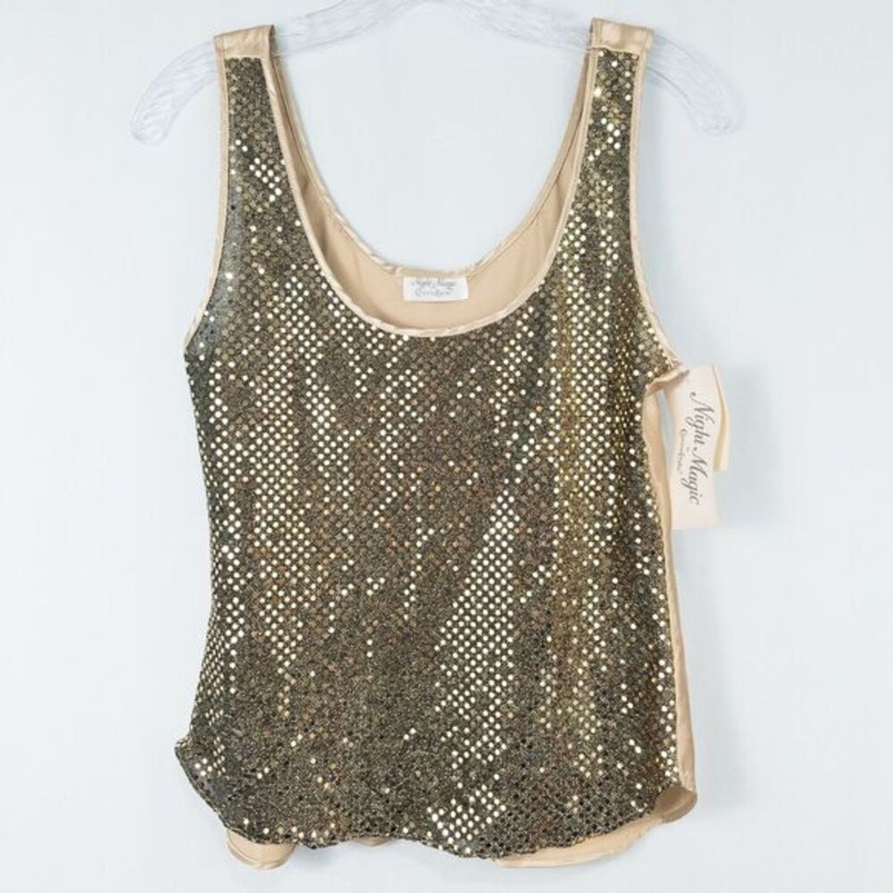 Vintage 90s‎ Sequin Tank Top Small Gold Satin Shimmer Sheer Y2K NYE Disco Party